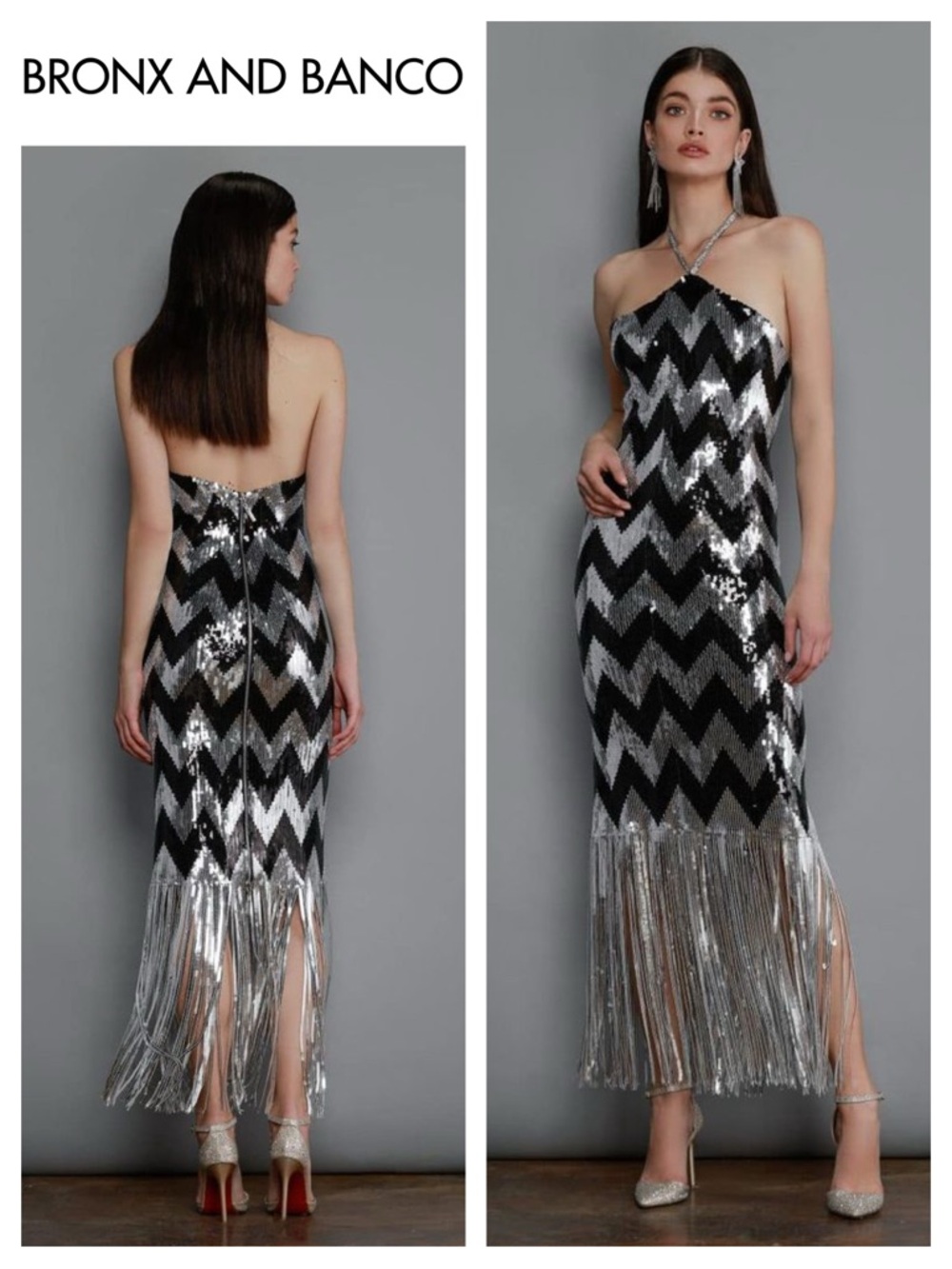 BRONX & BANCO Gatsby Sequin Chevron Fringe-Hem Halter Dress
